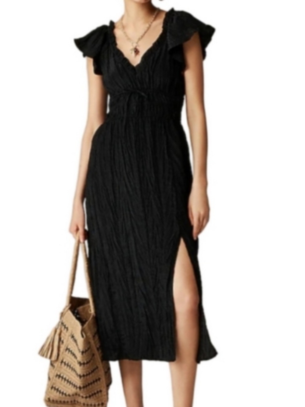 J. Crew Black Textured Midi Dress with Flutter Sleeves and Side Slit